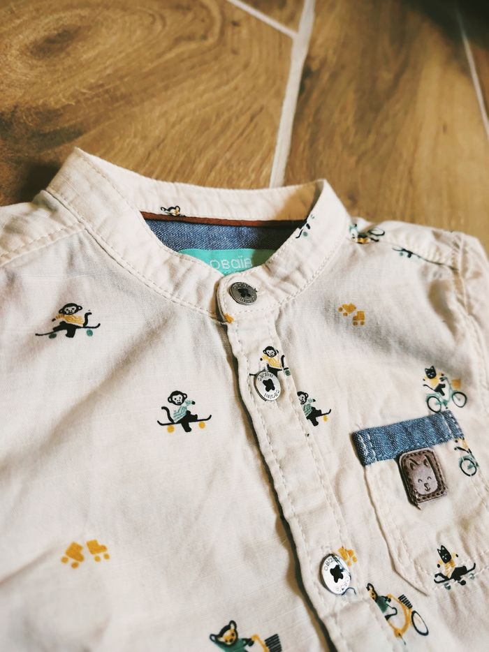 🐵Obaïbi/Okaidi - Ensemble Pantalon molletonné beige et chemise motifs chats et singes -taille 6mois - photo numéro 7