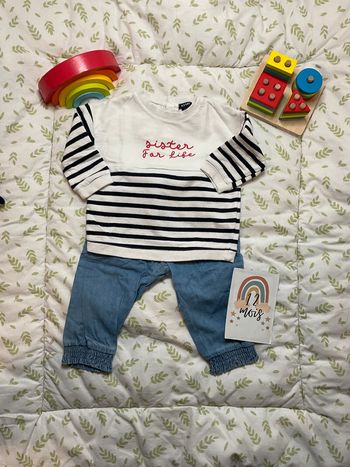 ensemble sweat blanc rayé marine kiabi et pantalon bleu boite à malices 12 mois