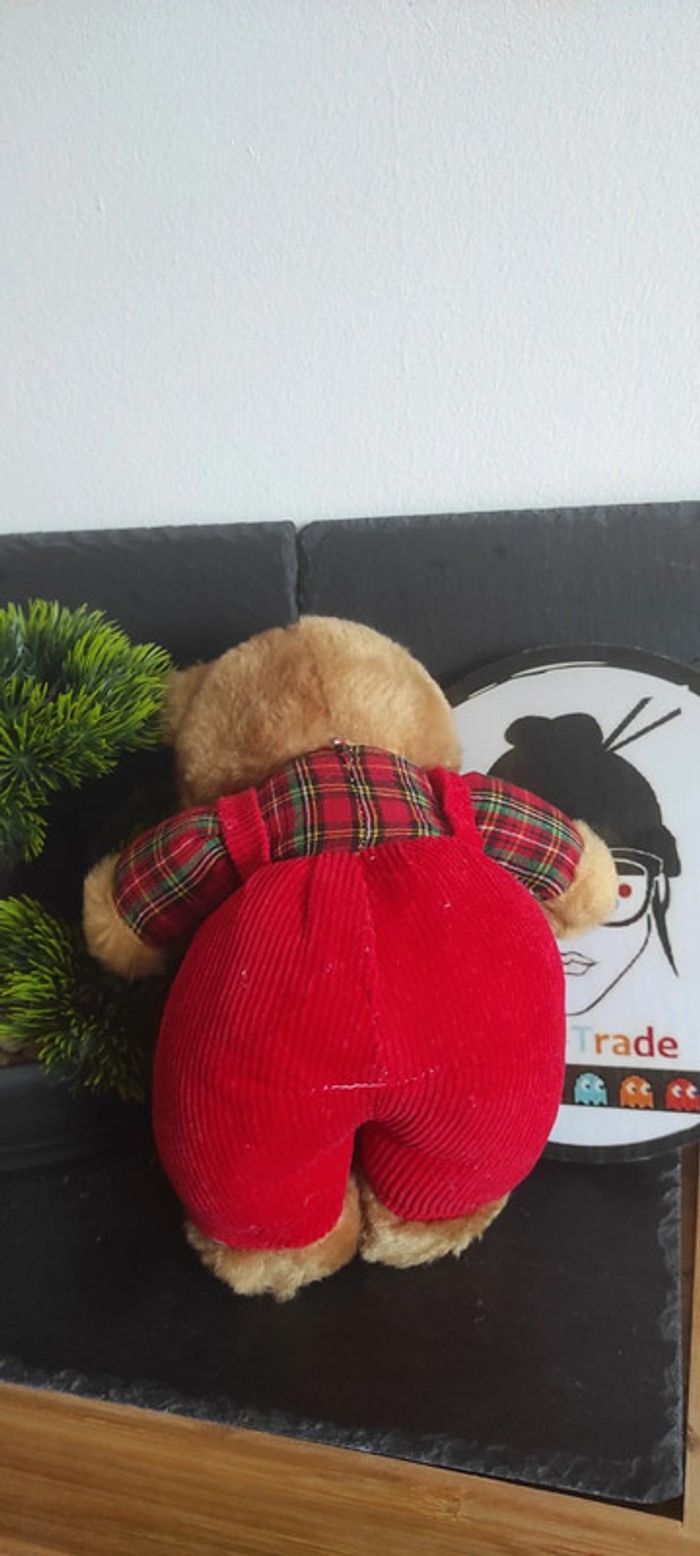 Peluche ours marmotte Françoise saget salopette rouge marron carreaux vert noeud vintage ancien - photo numéro 2