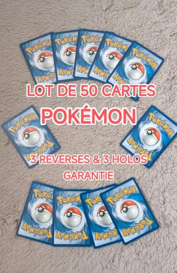 Lot de cartes Pokémon – 50 cartes sans doubles (3 Holos + 3 Reverses garanties)