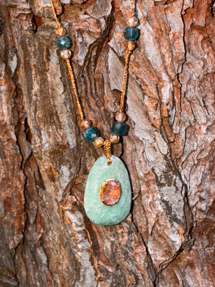 Sautoir fils tissés mordoré ´s psy’ed naturelle pendentif jade vert rose Habaha Paris - photo numéro 8