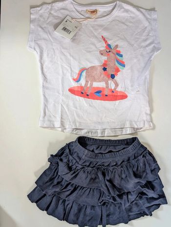 Ensemble tee shirt licorne DPAM et jupe volants Petit Bateau 3 ans