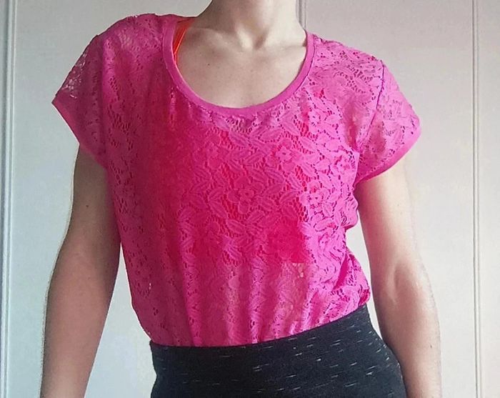 💓Tee shirt dentelle sexy femme rose ajourée fleurie neuf t l 40