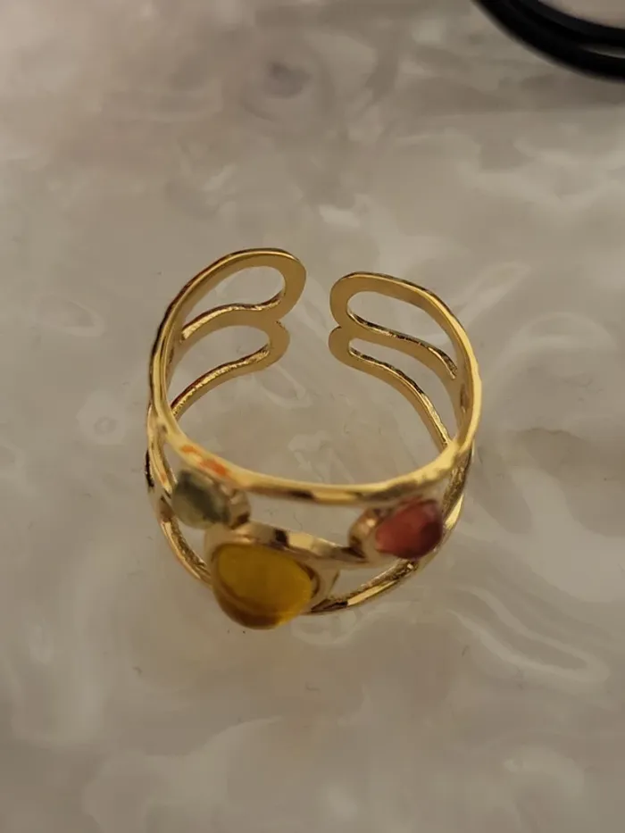 Bague ouverte acier inoxydable dorée, géométrique avec pierre multicolore - photo numéro 2