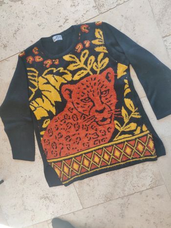 Pull vintage en chenille et laine années 80 motif guépard  jungle