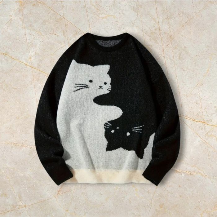 Knit Sweater Y2K Vintage Oversized 90s Taille   – Crewneck Old School Americain Streetwear Knit Cat Sweater Y2K Vintage Oversized 90s Taille M – Crewneck Old School Americain Streetwear