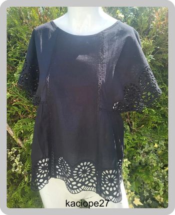 Blouse noire Promod T36 (EU 36 / US 4) en coton - Broderie anglaise manches & bas
