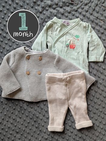 Lot Bébé 3 Pièces : Gilet Maille TAO, Body Croisé & Pantalon, Taille 1 Mois