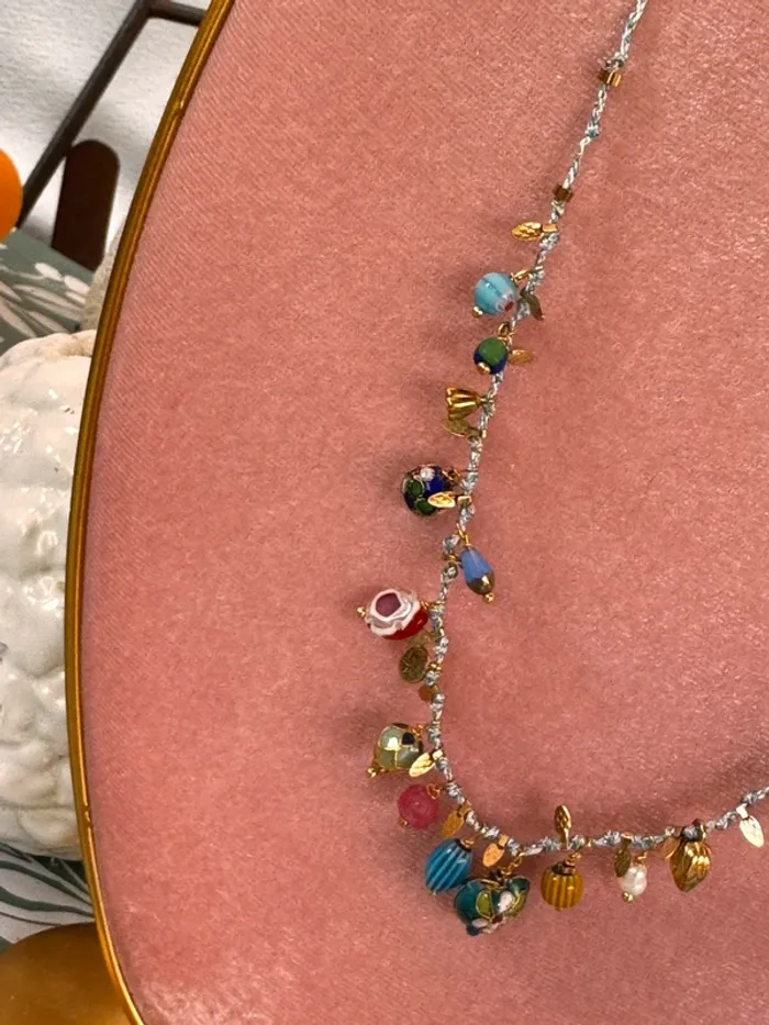 Collier cordon grigris acier inoxydable or perles naturelles fleurs médaille pampilled habaha Paris - photo numéro 7