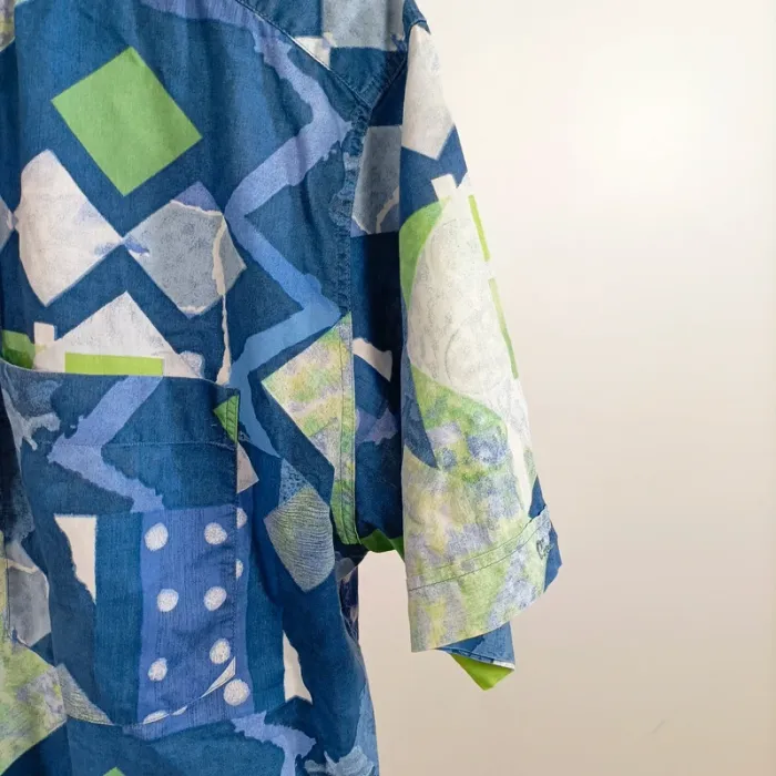 Chemise Pierre Cardin vintage imprimé graphique bleu vert manches courtes Taille 50 A1382 - photo numéro 4