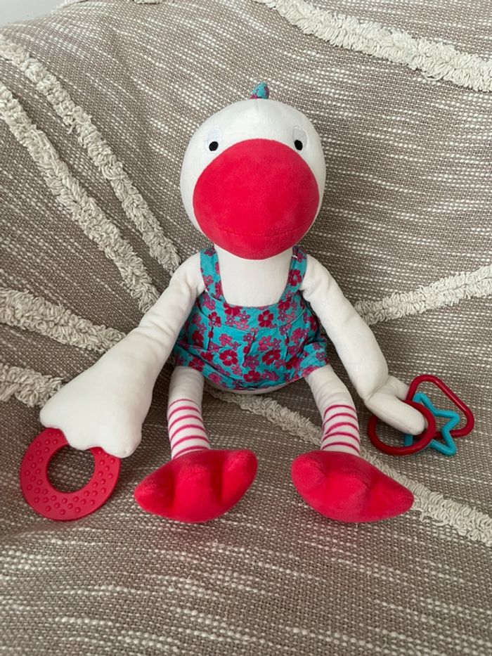 Peluche doudou d’éveil 41cm orchestra oie canard oiseau blanc rouge bleu très bon état
