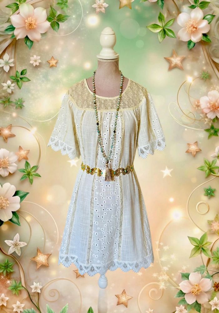 🌸🧚Robe en lin champêtre Bohochic Fairy Cottagecore Whimsical embroidered linen dress🧚🌸 - photo numéro 2