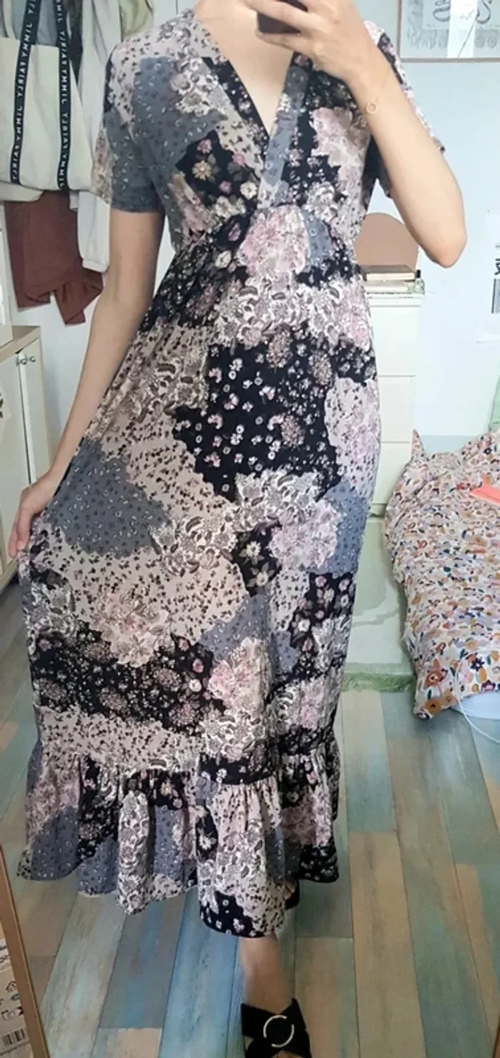 Robe longue patchwork fleurie marine beige rose TU - photo numéro 6