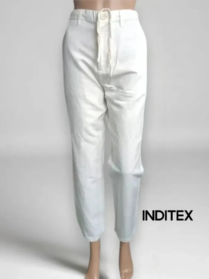 Pantalon blanc,taille haute ajustable,coupe fuselée,lin et coton marque Inditex