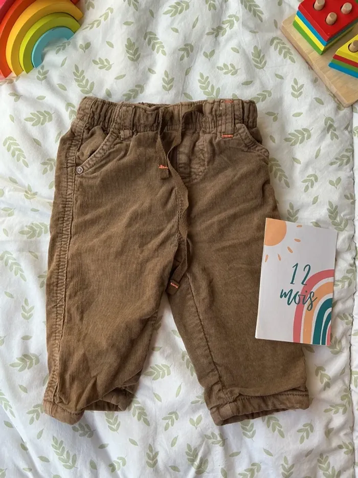 pantalon en velours doublé marron clair 12 mois lien de serrage pommette - photo numéro 2