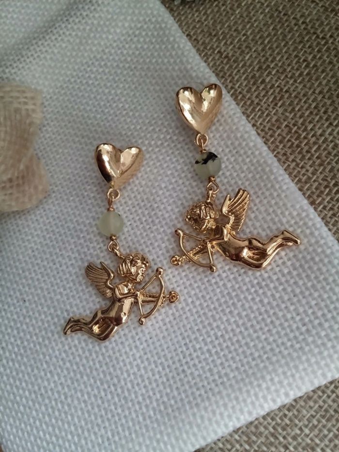 Boucles d'oreilles anges cupidon et pierres de jade phrénite - photo numéro 2