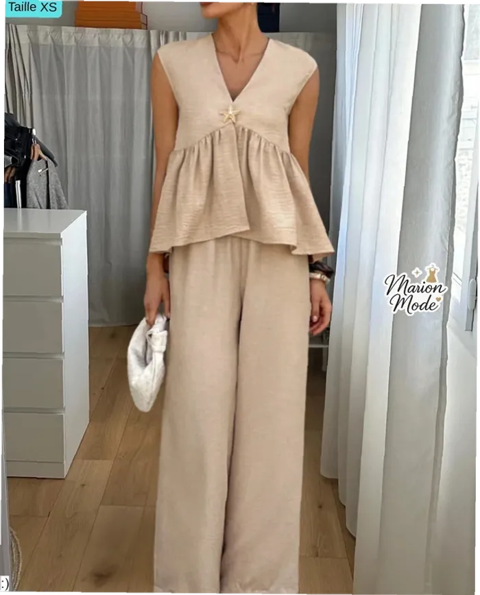Ensemble Femme Deux Pièces Beige - Haut Sans Manches Pantalon Large - Taille XS Neuf Jamais Porté