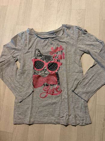 T-shirt gris tex 7/8 ans manches longues motif chat et paillettes