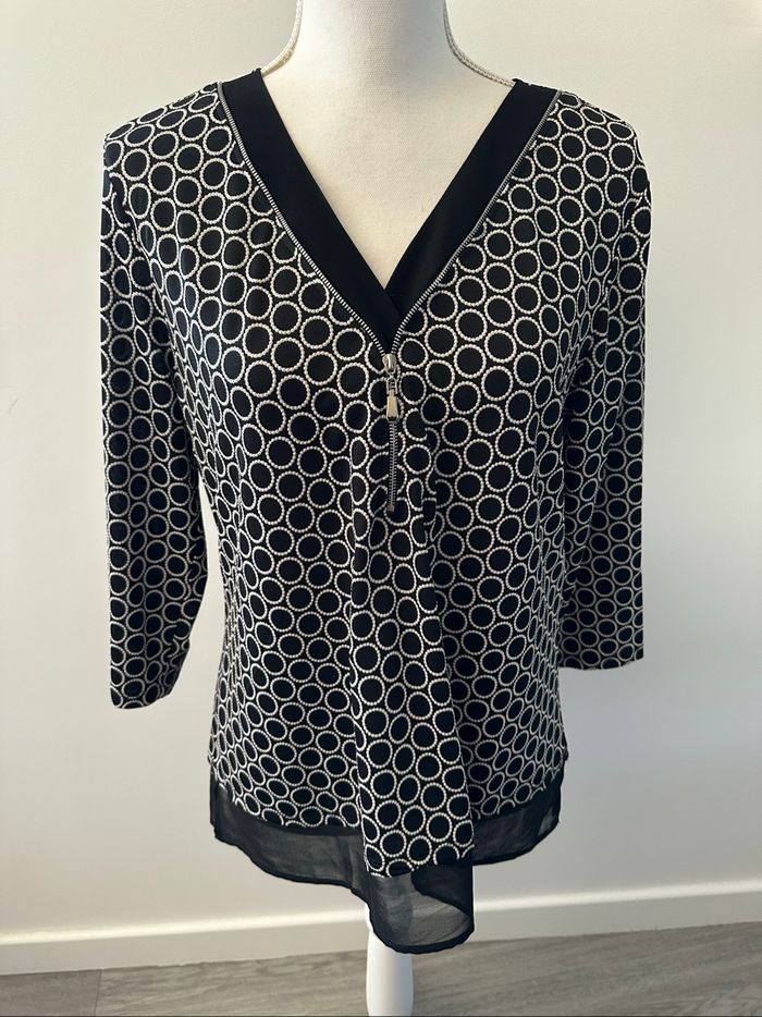 Blouse bariolée ronds noire et blanche Christine Laure T2 42/44 XL/XXL