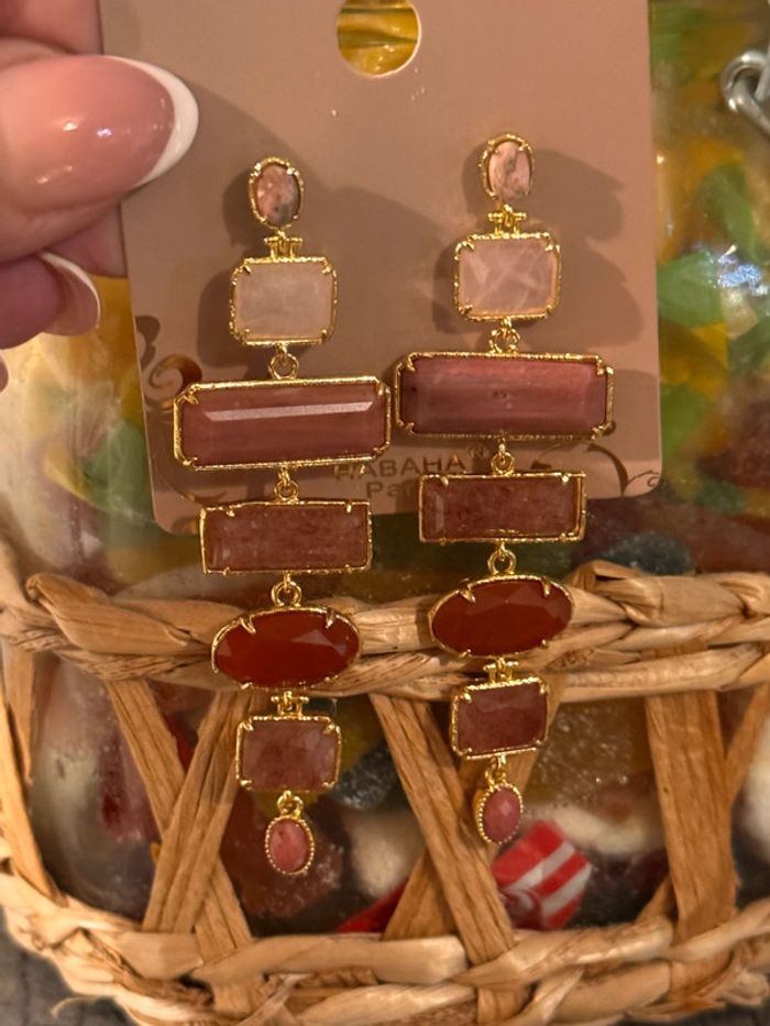 Grosses boucles d’oreilles acière inoxydable or habaha Paris quartz jade rose rhodhont - photo numéro 5