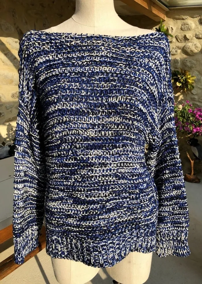 Zara - Pull chaud grosse mailles bleu blanc qualité vintage