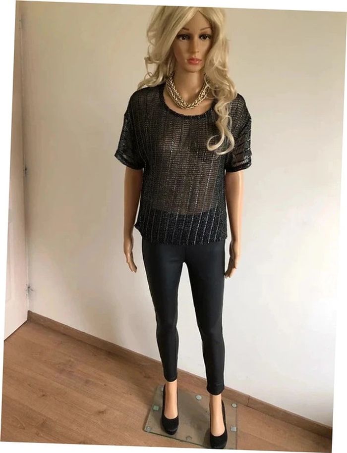 Top noir et argenté à manches courtes Morgan taille S TBE - photo numéro 3