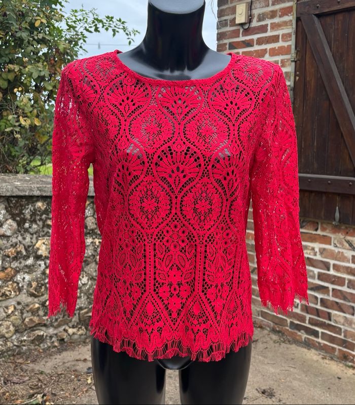 ❤️ Blouse en dentelle rouge à manches 3/4 – Kiabi – Taille 34