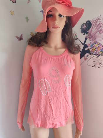 Top corail à strass et manches en résille - TU