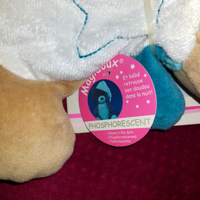 Doudou ours Sucre d'orge phosphorescent blanc et bleu étoiles Neuf sur carton - photo numéro 2