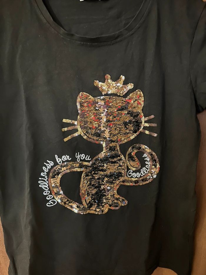 Teeshirt Chat à sequins doré /argente