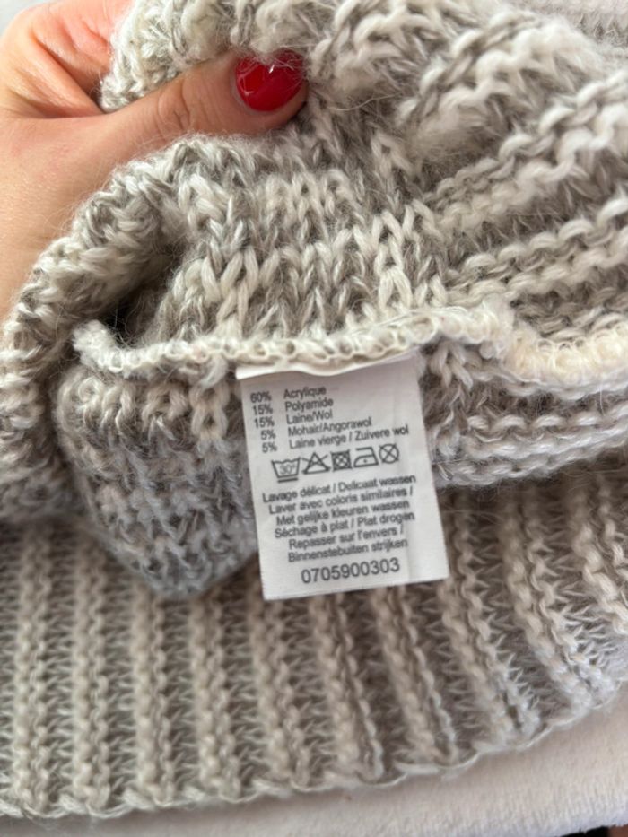 Gilet sans manches en grosse maille avec bouton - Beige/Gris - photo numéro 4