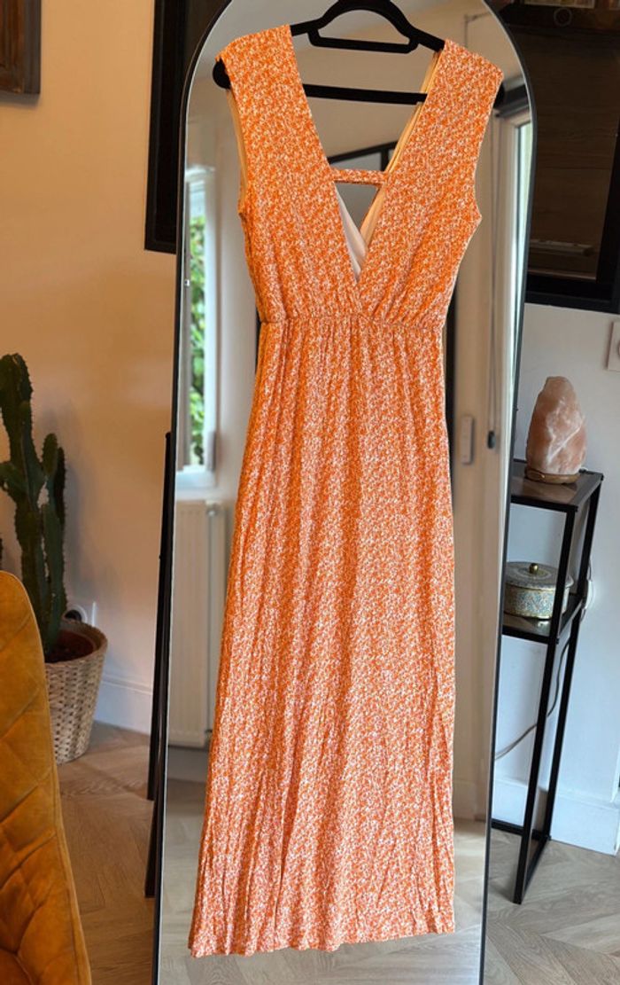 Robe longue fleurie orange H&M – Taille XS - photo numéro 3