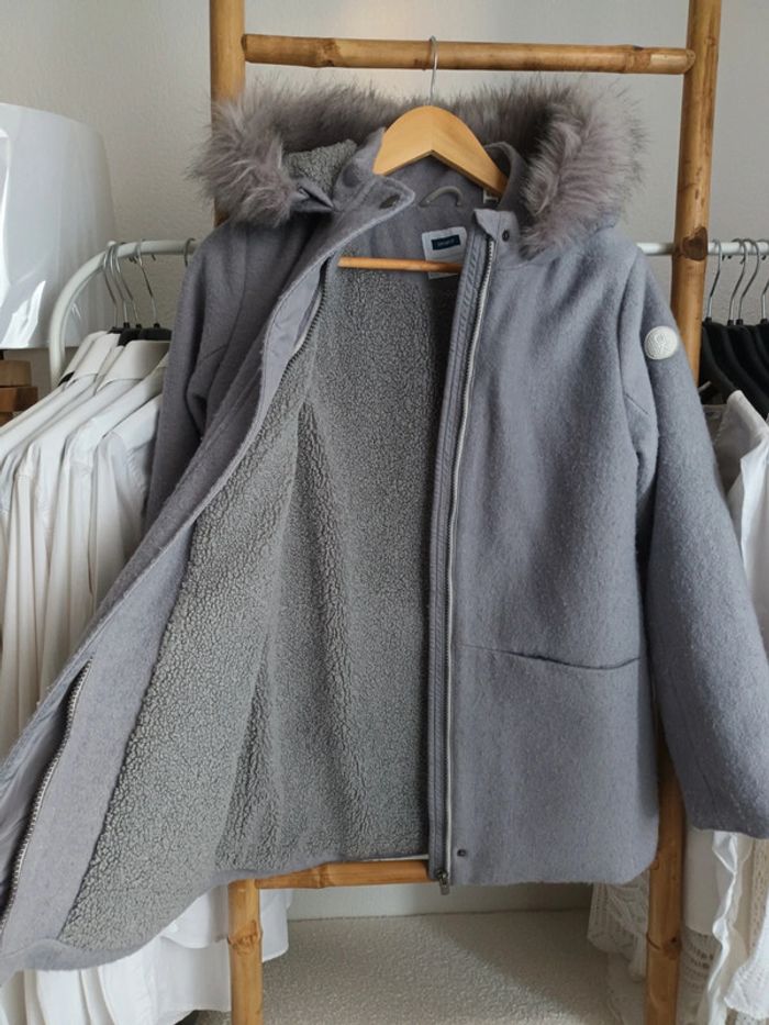 Joli manteau en laine à capuche gris très chaud Okaïdi 12 ans