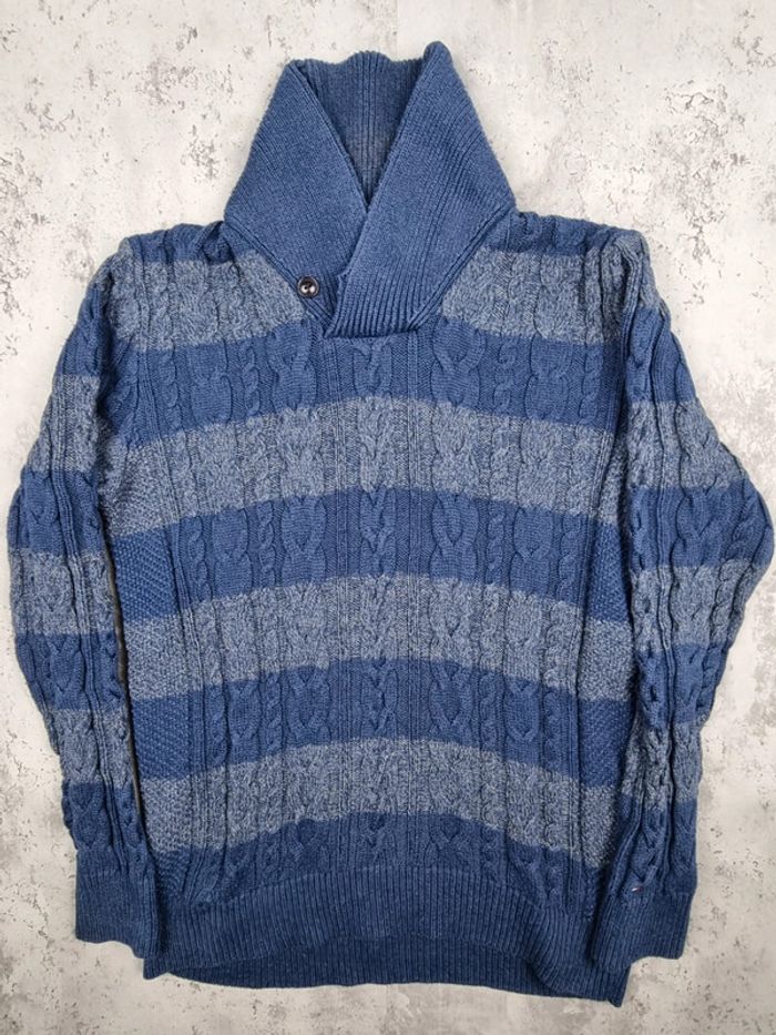 Pull col châle torsadé Tommy Hilfiger rayé bleu & gris – Taille M Homme (mesures en photos) - photo numéro 3
