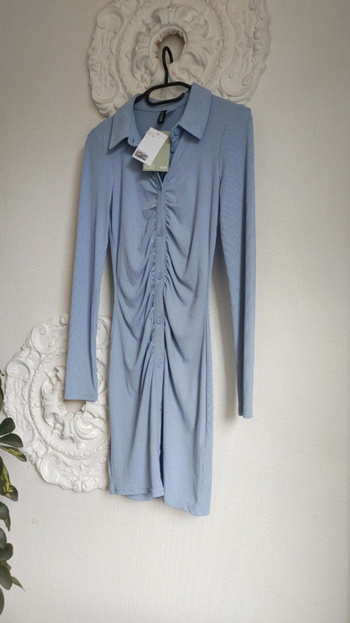 Robe chemise manches longues moulante côtelé bleu - photo numéro 4