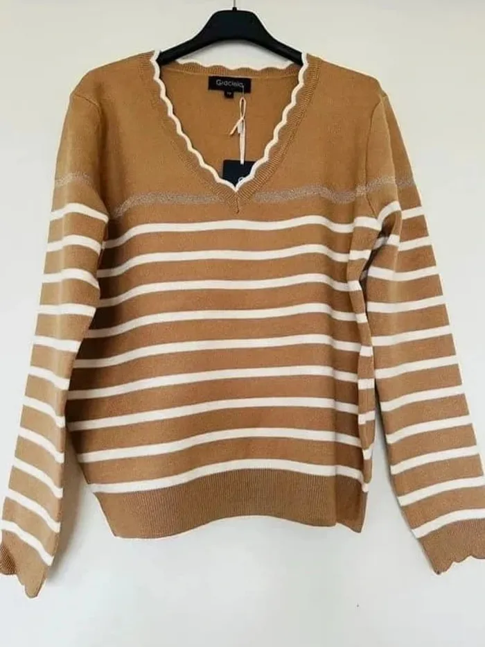 Pull femme marinière col V marron