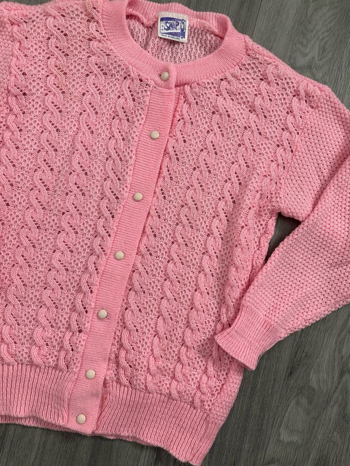Cardigan en laine rose bonbon mailles torsades Vintage T44 XXL - photo numéro 3