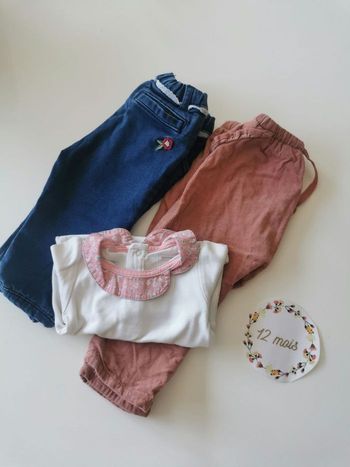 Lot de 3 articles bébé fille 12mois(2 pantalons + 1 bodie)en très bon état sergent major, boutchou