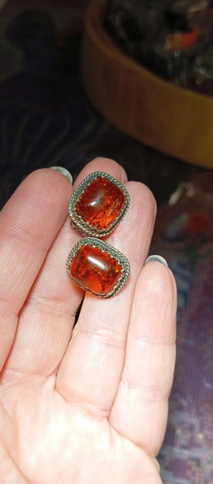 Clips d'oreilles ancien ambre et argent - photo numéro 1