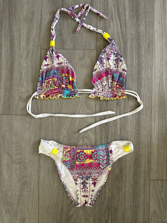 Maillot de bain deux pièces blanc et multicolore mosaïque T36 S
