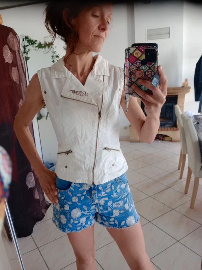 Veste jean sans manche blanc cassé " Kingston town" c85 - photo numéro 2