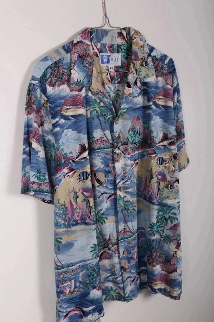 Chemise Hawaïenne vintage 90's en coton motif iles et poissons made in USA (#250025) - photo numéro 2