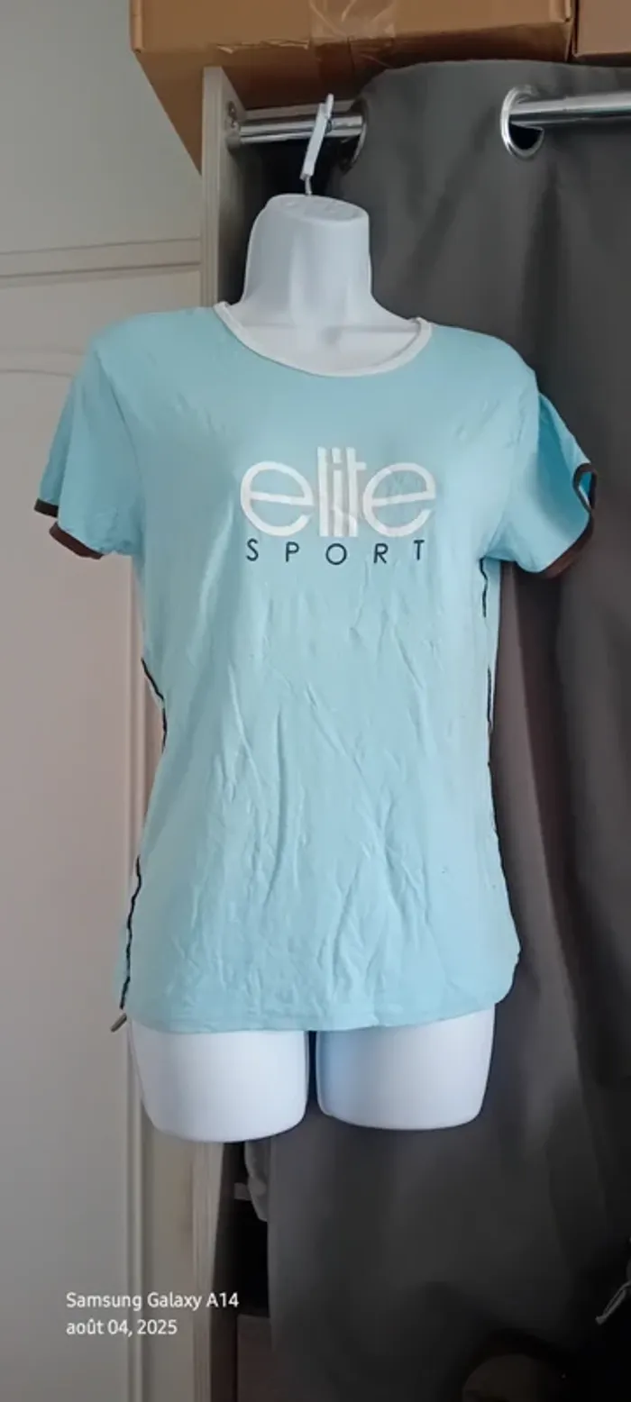 Tee-shirt de sport élite manches courtes bleu et blanc col rond en viscose femme 40/42 élite sport - photo numéro 7