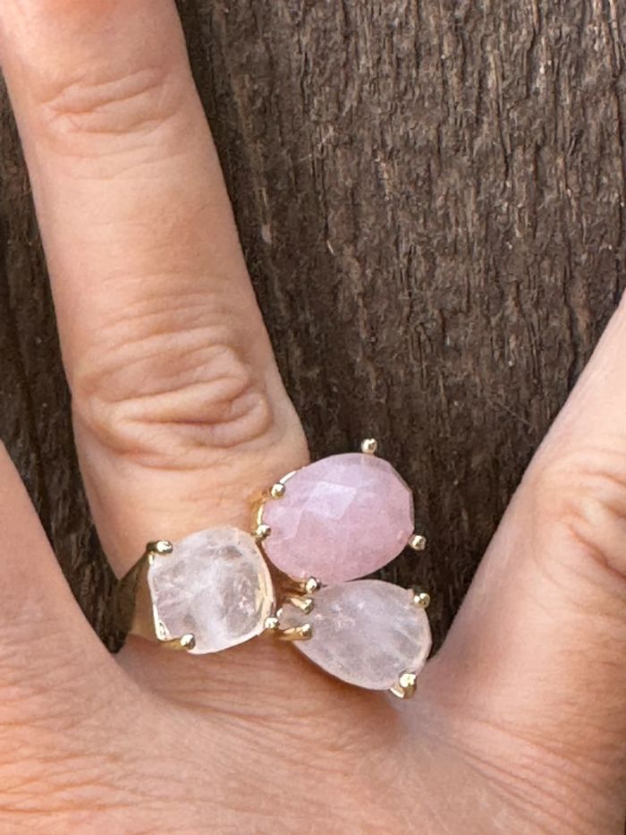 Bague réglable pavés quartz rose acier inoxydable or réglable