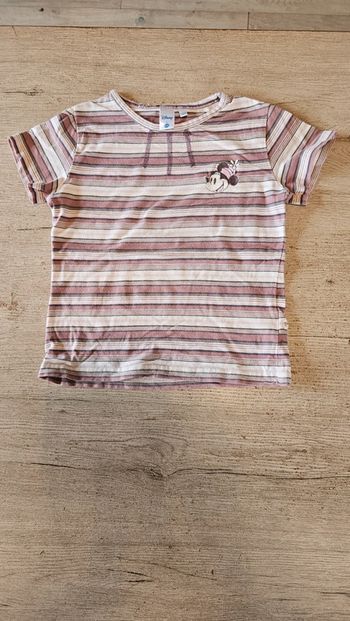 T shirt rose ligné rose pale/ mauve/beige, à manches courtes, avec Minnie, Disney, 7 ans