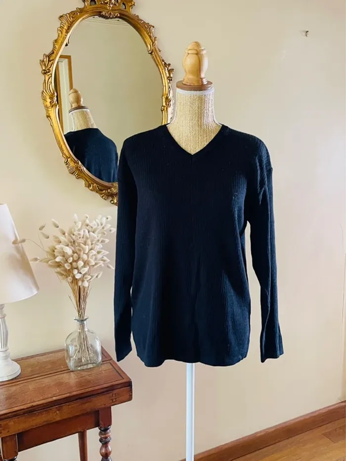 sublime Pull col V maille côtelée noir manches longues Camel Collection - photo numéro 3