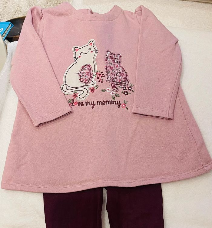 Ensemble petit legging violet et petit pull rose avec des chats 18 mois - photo numéro 2