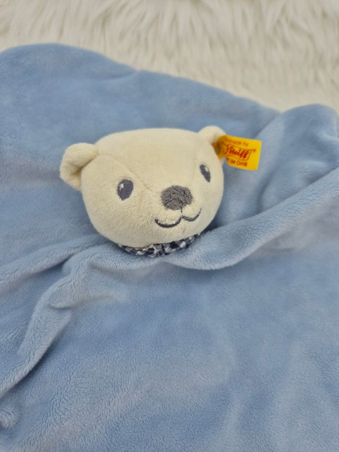 Doudou plat carré Ours beige bleu rayé Steiff - photo numéro 2