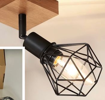 Plafonnier Spot de plafond 3 flammes bois & métal noir – Design rétro + 1 ampoule