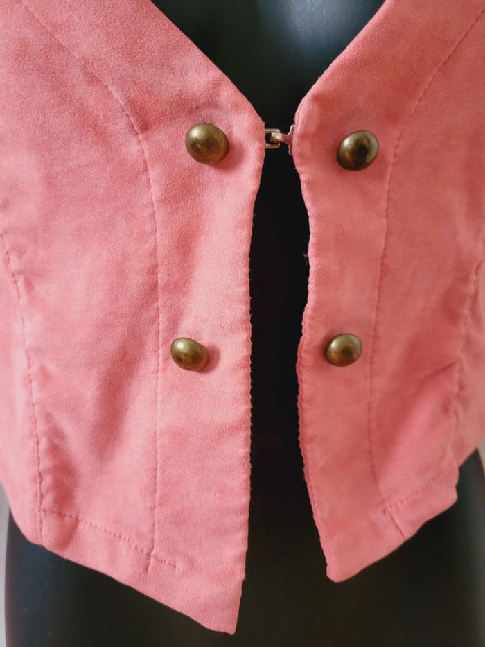 Veste coquette vintage taille XS 34 rose velours col V - photo numéro 4